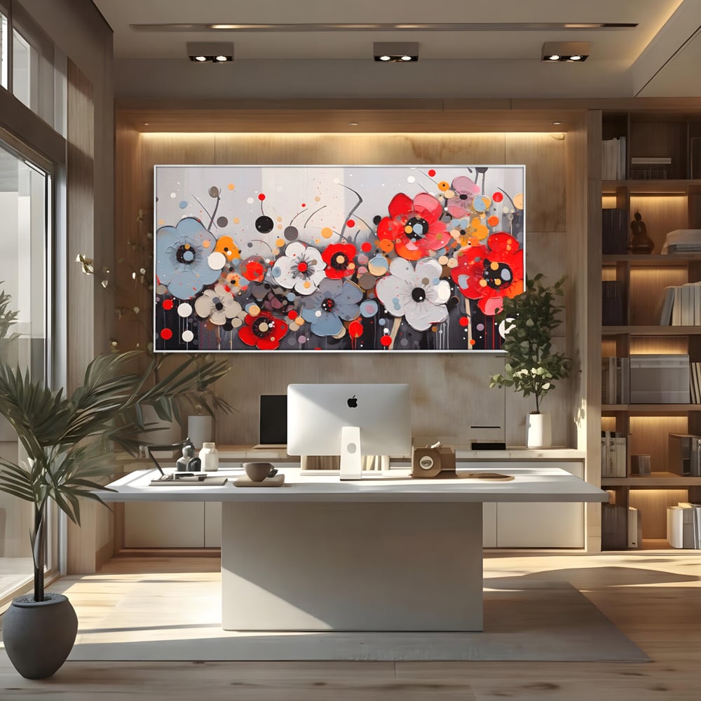 Tablou canvas cu pictura canvas cu flori colorate in relief, in rama de aluminiu argintiu, pe perete intr-un birou